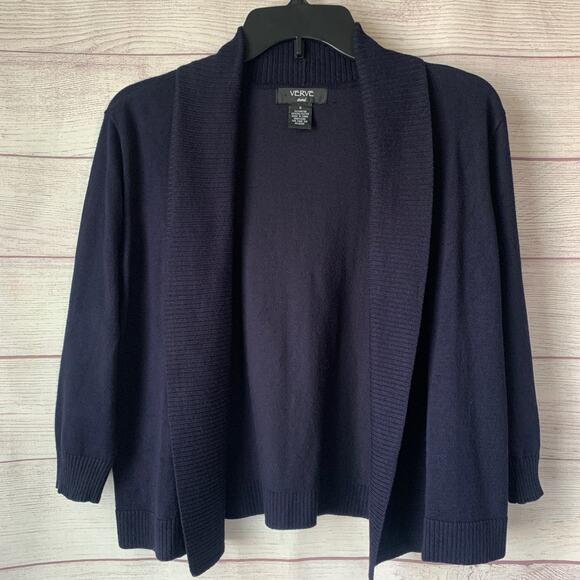 Verve Ami Navy Blue Cardigan Sweater Open Front Elbow Length Sleeves Size Small - Picture 1 of 13